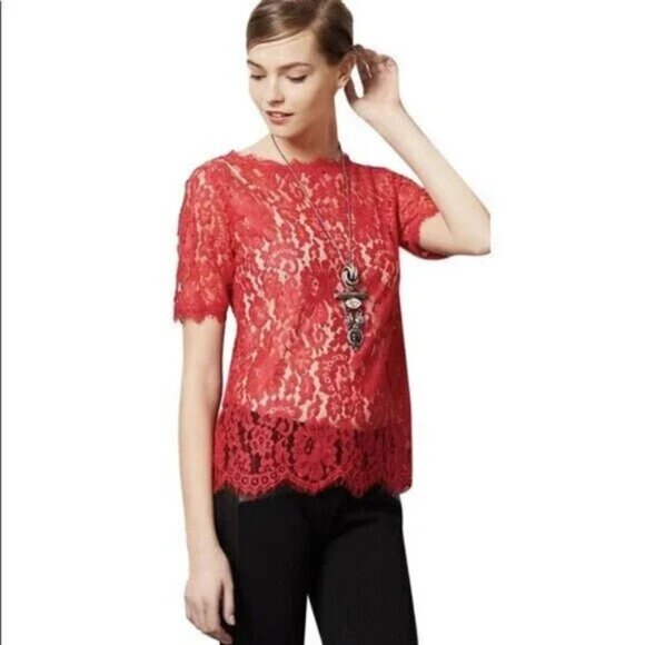 Anthropologie Vanessa Virginia Elysian Pink and Red Lace Top - Picture 12 of 12